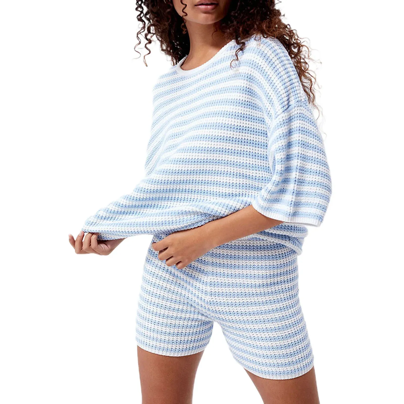 Round Neck Elbow Sleeve Knit Tops Elastic Waist Slim Shorts Lounge Stripe Pajamas