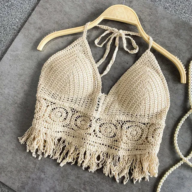 Sexy Boho Beach Holiday Camisole Halter Women Crochet Knit Swimsuit Bra Backless Vest Hollow Tassel Tank Top Women's Crop Tops