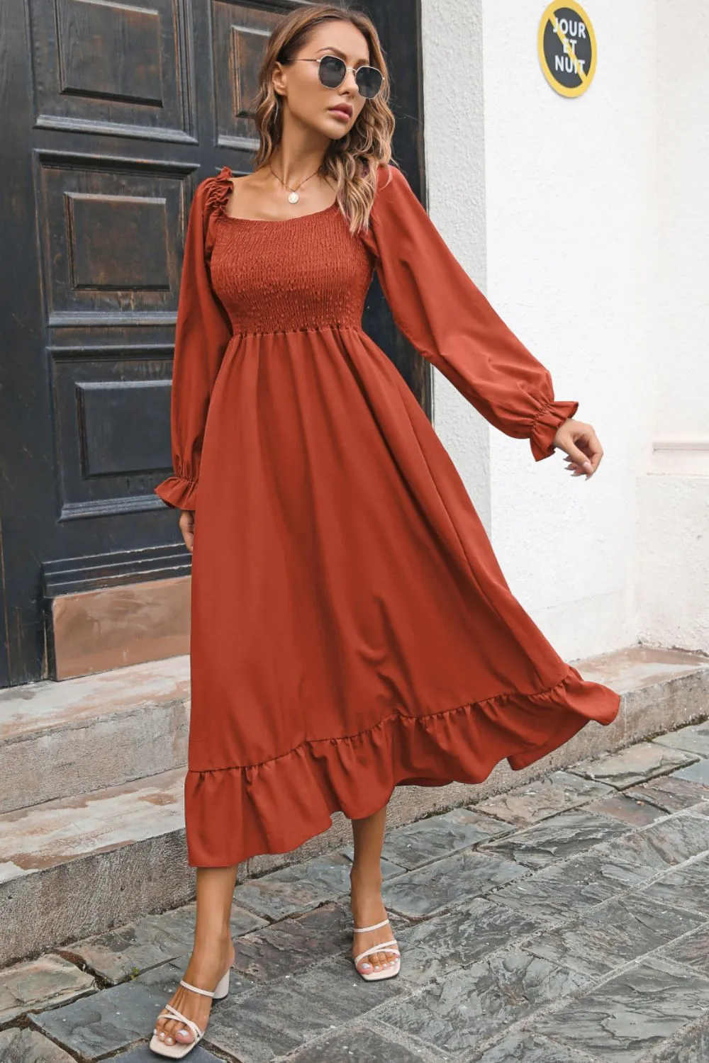 Smocked Ruffle Hem Flounce Sleeve Dress