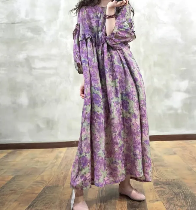 Summer Stylish Lantern Sleeve Color-Block Rose Print Ramie Dress/1211