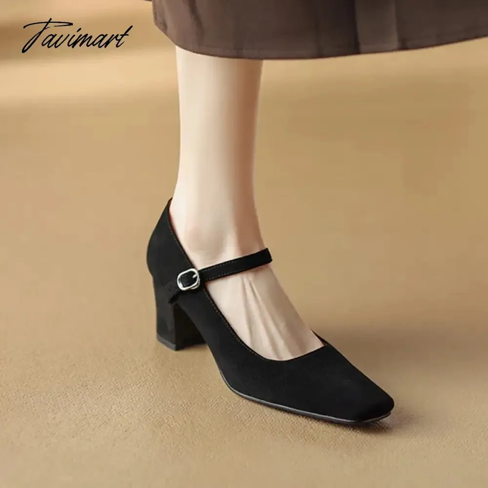 TAVIMART  NEW Spring/Autumn Women Pumps Sheep Suede Leather Shoes for Women Square Toe Chunky Heel Women Shoes Black High Heel Mary Janes