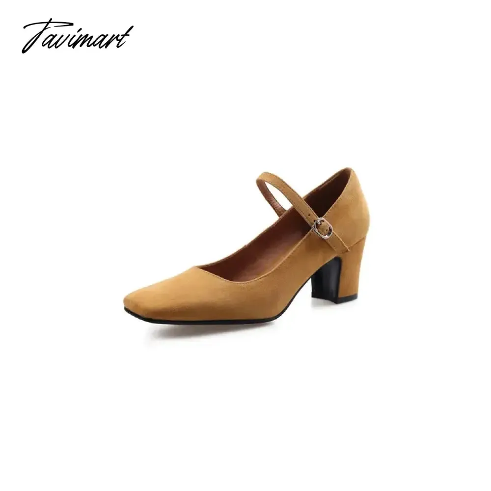 TAVIMART  NEW Spring/Autumn Women Pumps Sheep Suede Leather Shoes for Women Square Toe Chunky Heel Women Shoes Black High Heel Mary Janes