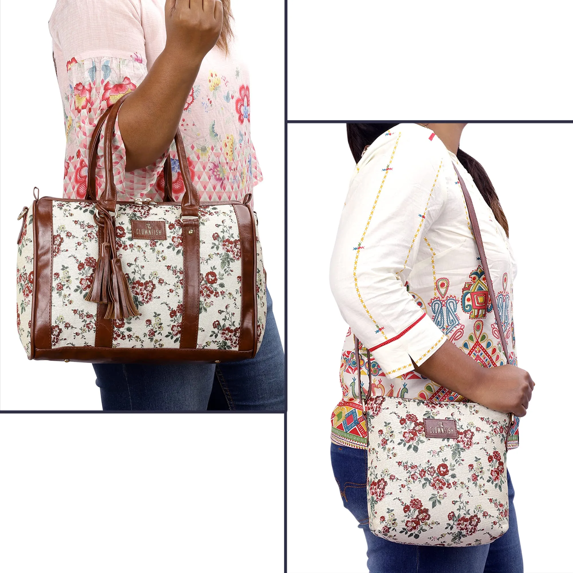 THE CLOWNFISH Combo of Linda Series Sling for Women Crossbody Bag for College Girls Lorna Tapestry Fabric & Faux Leather Handbag Sling Bag for Women (White-Floral)