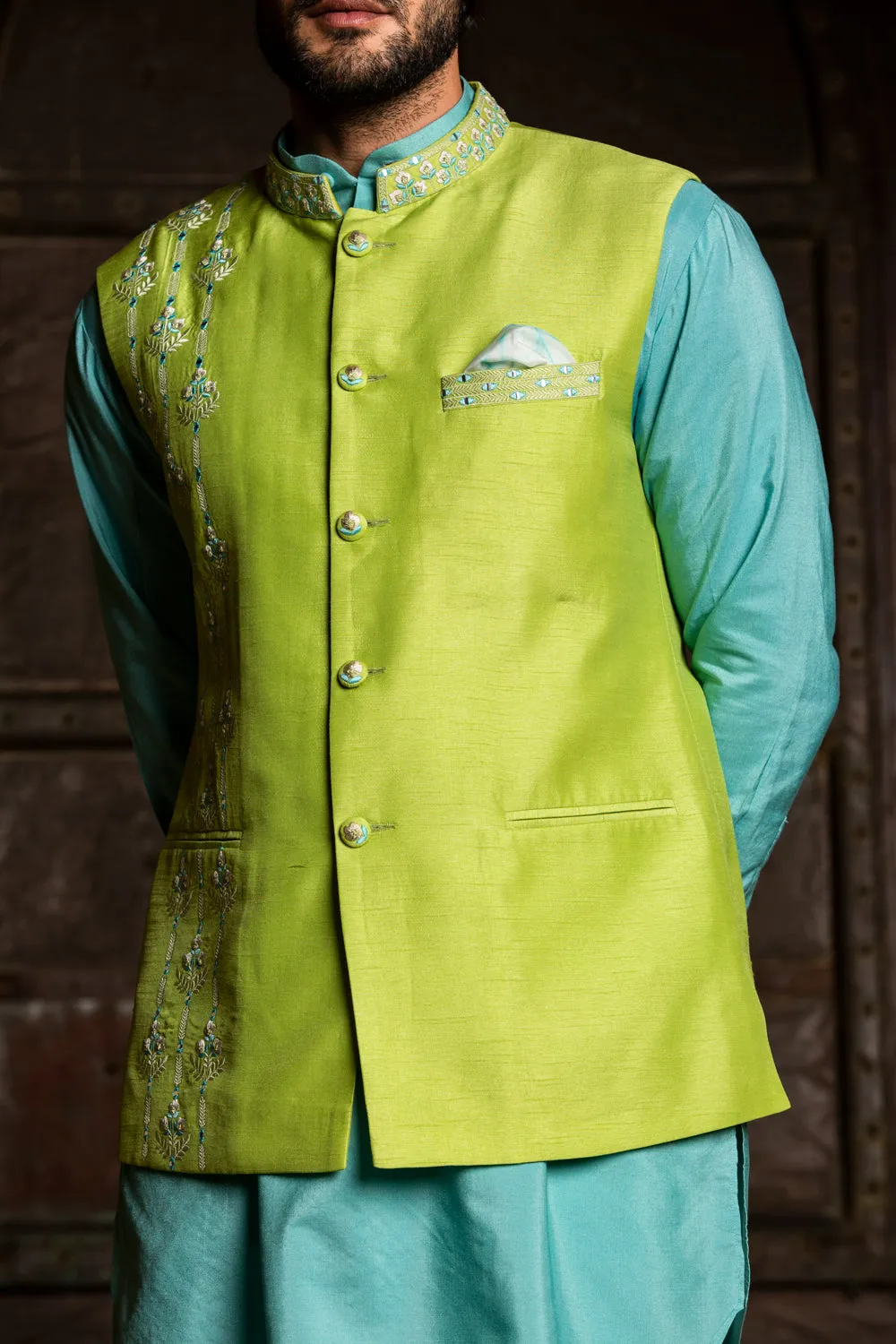 Turq Kurta with Lime Raw Silk Jacket and Pant