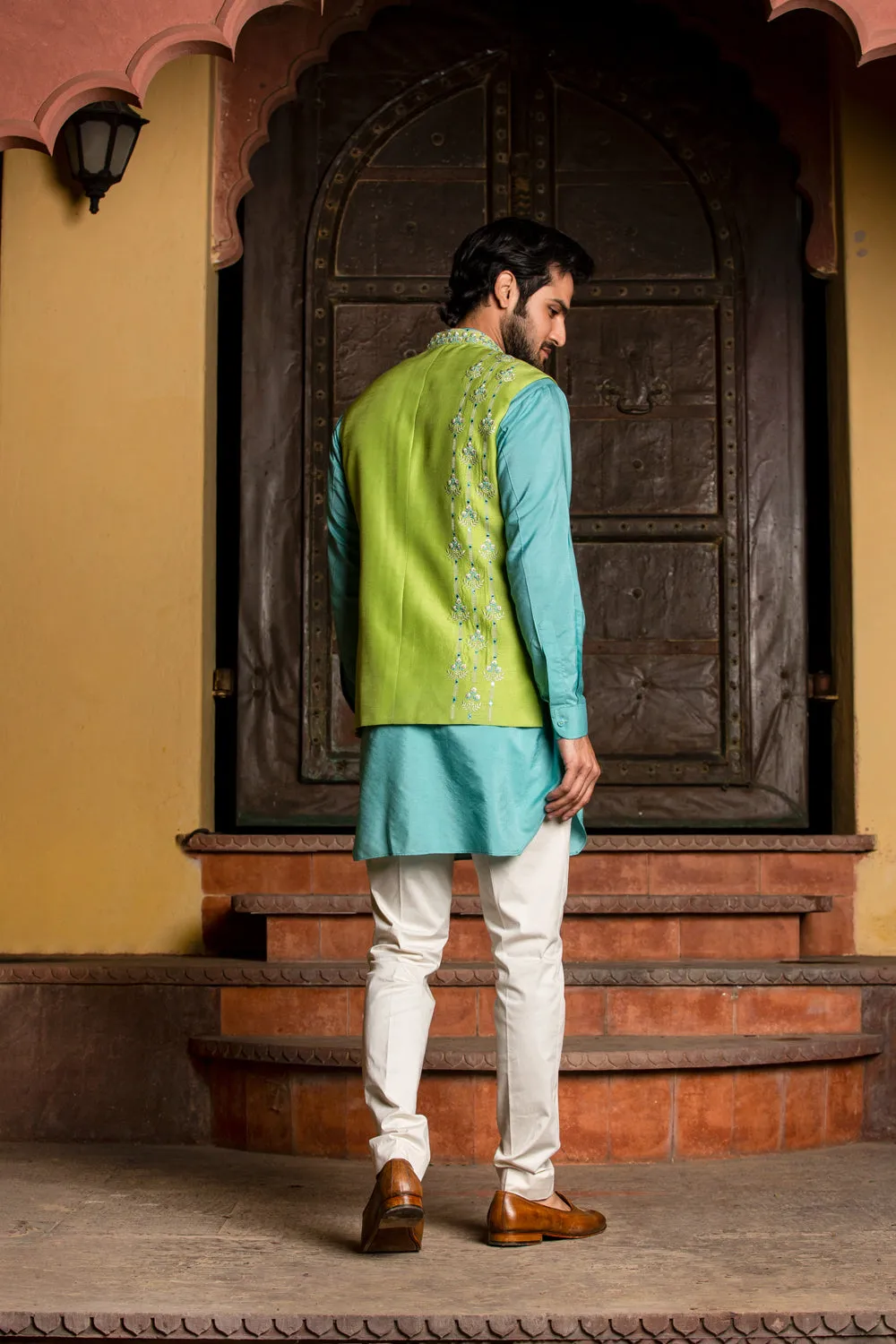 Turq Kurta with Lime Raw Silk Jacket and Pant