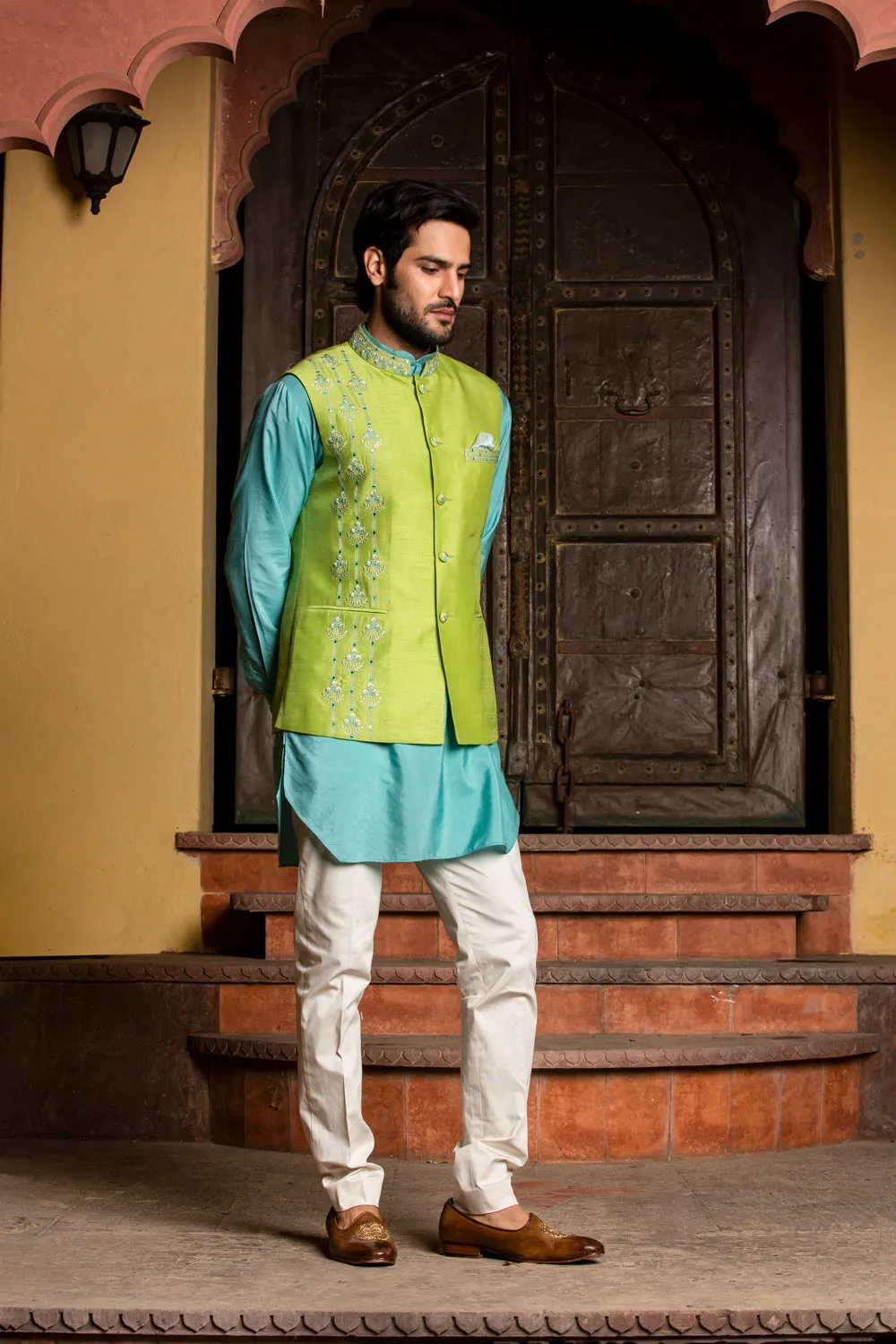 Turq Kurta with Lime Raw Silk Jacket and Pant