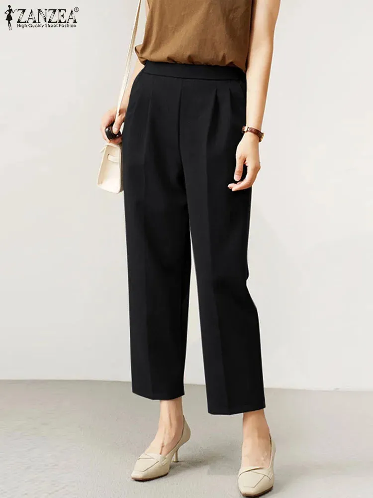 ZANZEA 2024 Summer Formal Cropped Pants Holiday Elastic Waist Trouser Office Lady Capris Women Korean Fashion Pleated Solid Pant